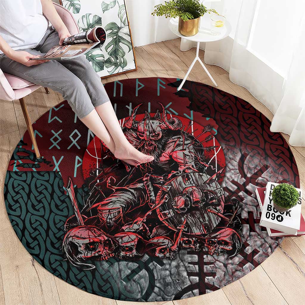 Viking Warrior Round Carpet with Runes and Blood Battle Scene Norse Valor Tribute - Wonder Print Shop