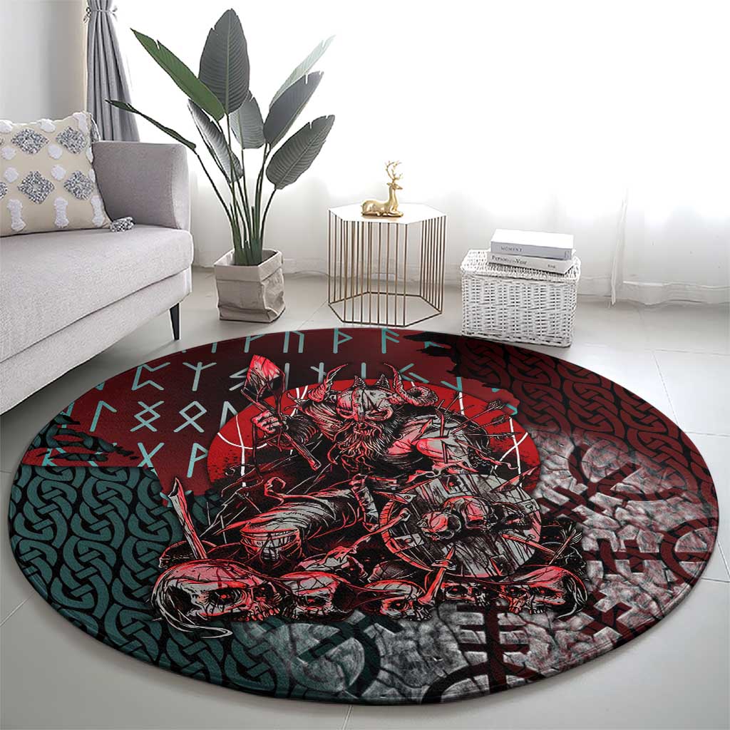 Viking Warrior Round Carpet with Runes and Blood Battle Scene Norse Valor Tribute - Wonder Print Shop
