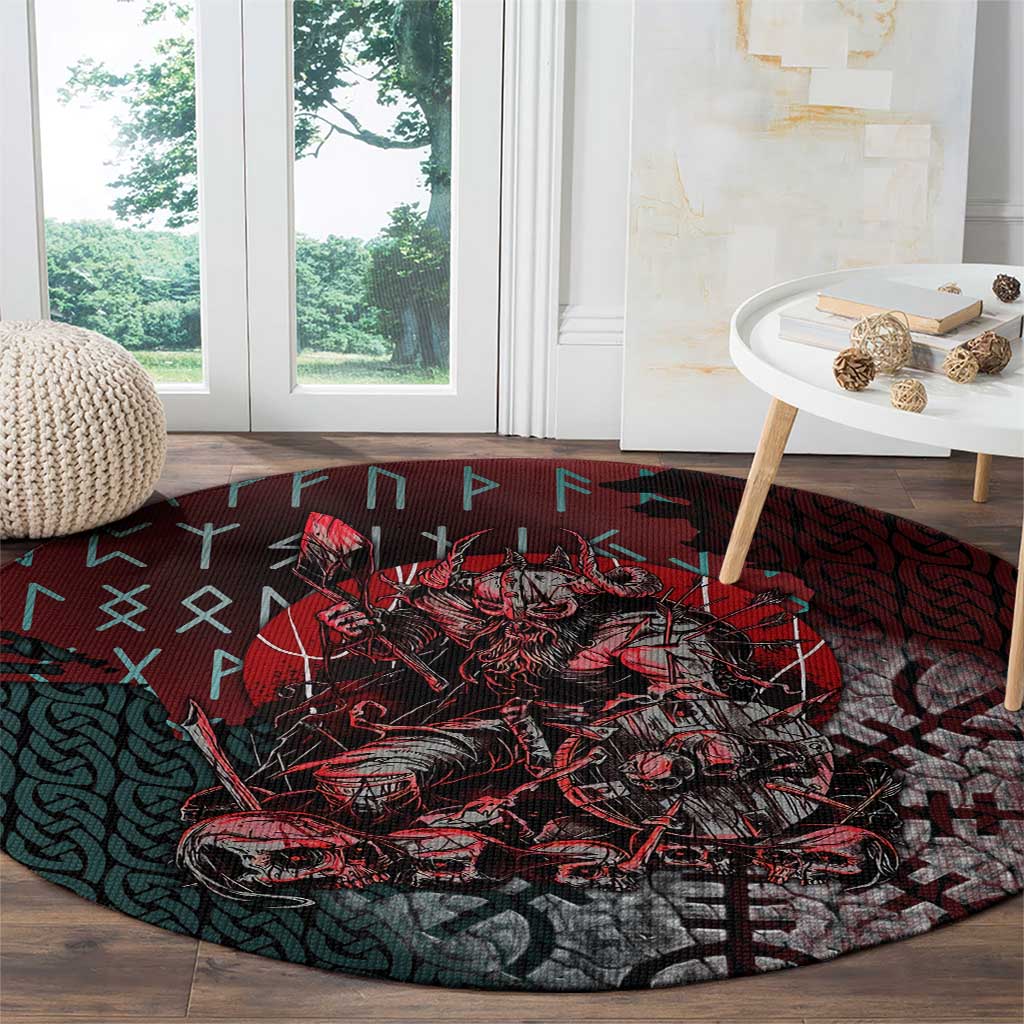 Viking Warrior Round Carpet with Runes and Blood Battle Scene Norse Valor Tribute - Wonder Print Shop