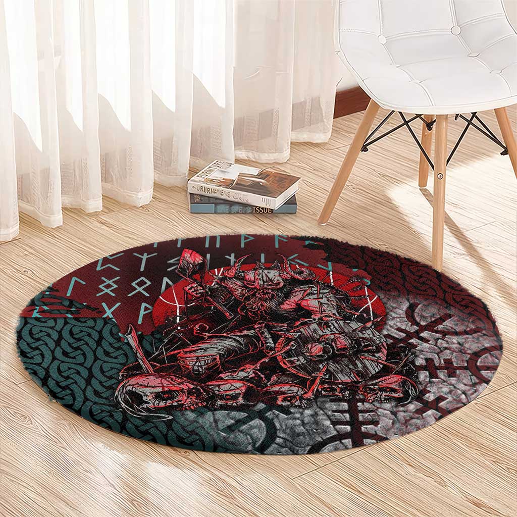 Viking Warrior Round Carpet with Runes and Blood Battle Scene Norse Valor Tribute - Wonder Print Shop