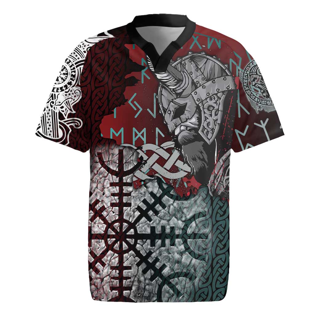 Viking Warrior Rugby Jersey with Runes and Blood Battle Scene Norse Valor Tribute - Wonder Print Shop