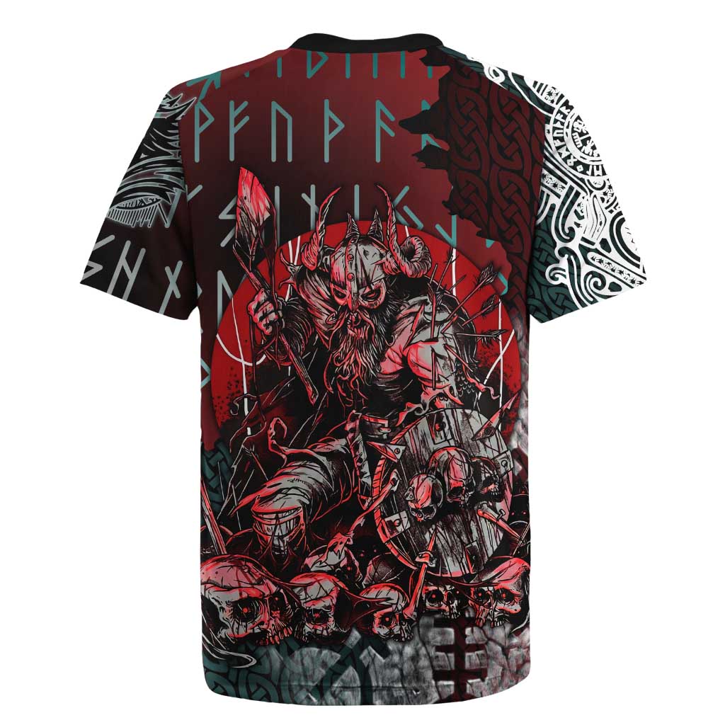 Viking Warrior Rugby Jersey with Runes and Blood Battle Scene Norse Valor Tribute - Wonder Print Shop