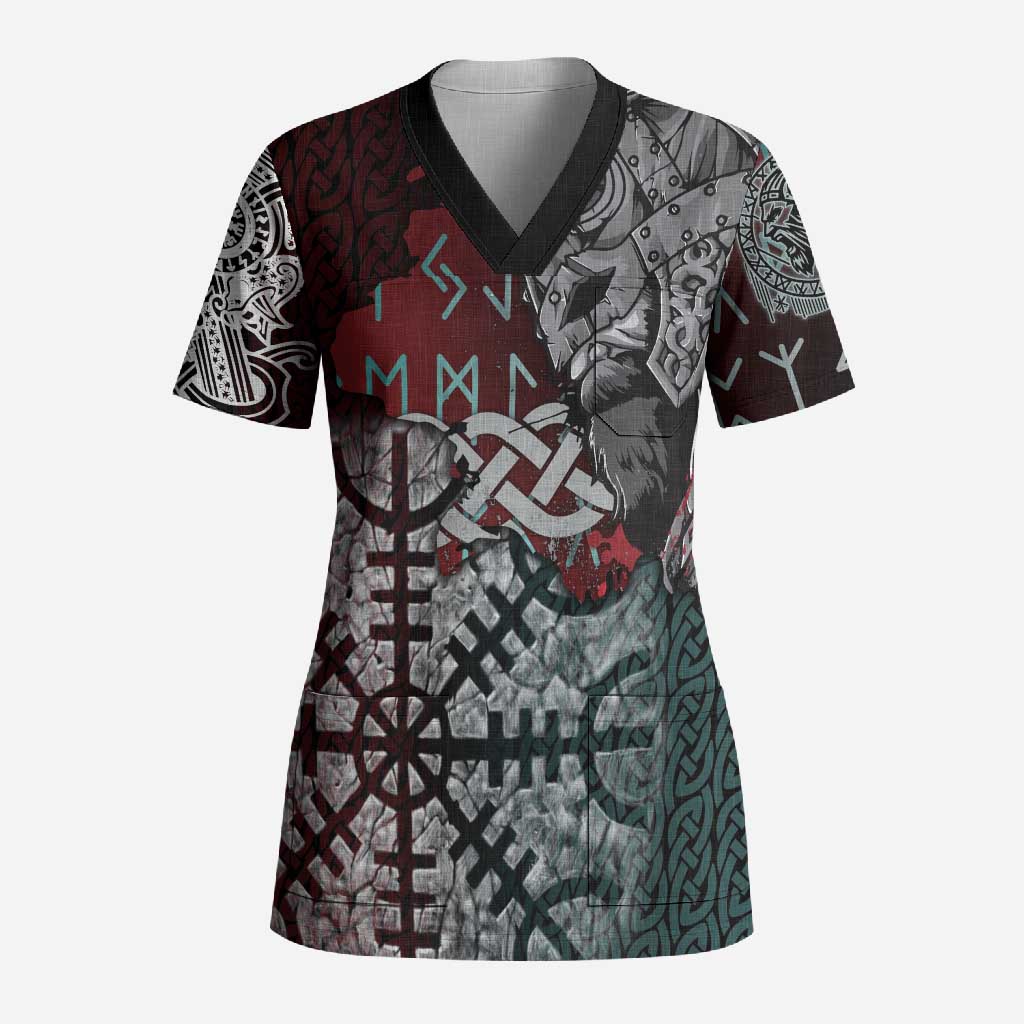 Viking Warrior Scrub Top with Runes and Blood Battle Scene Norse Valor Tribute - Wonder Print Shop
