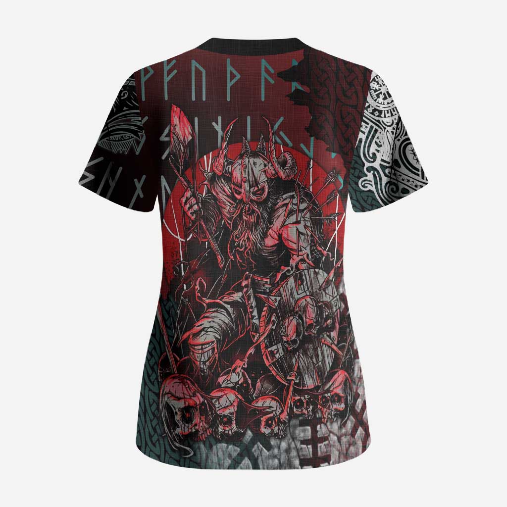 Viking Warrior Scrub Top with Runes and Blood Battle Scene Norse Valor Tribute - Wonder Print Shop