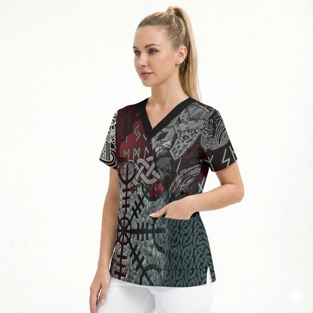 Viking Warrior Scrub Top with Runes and Blood Battle Scene Norse Valor Tribute - Wonder Print Shop