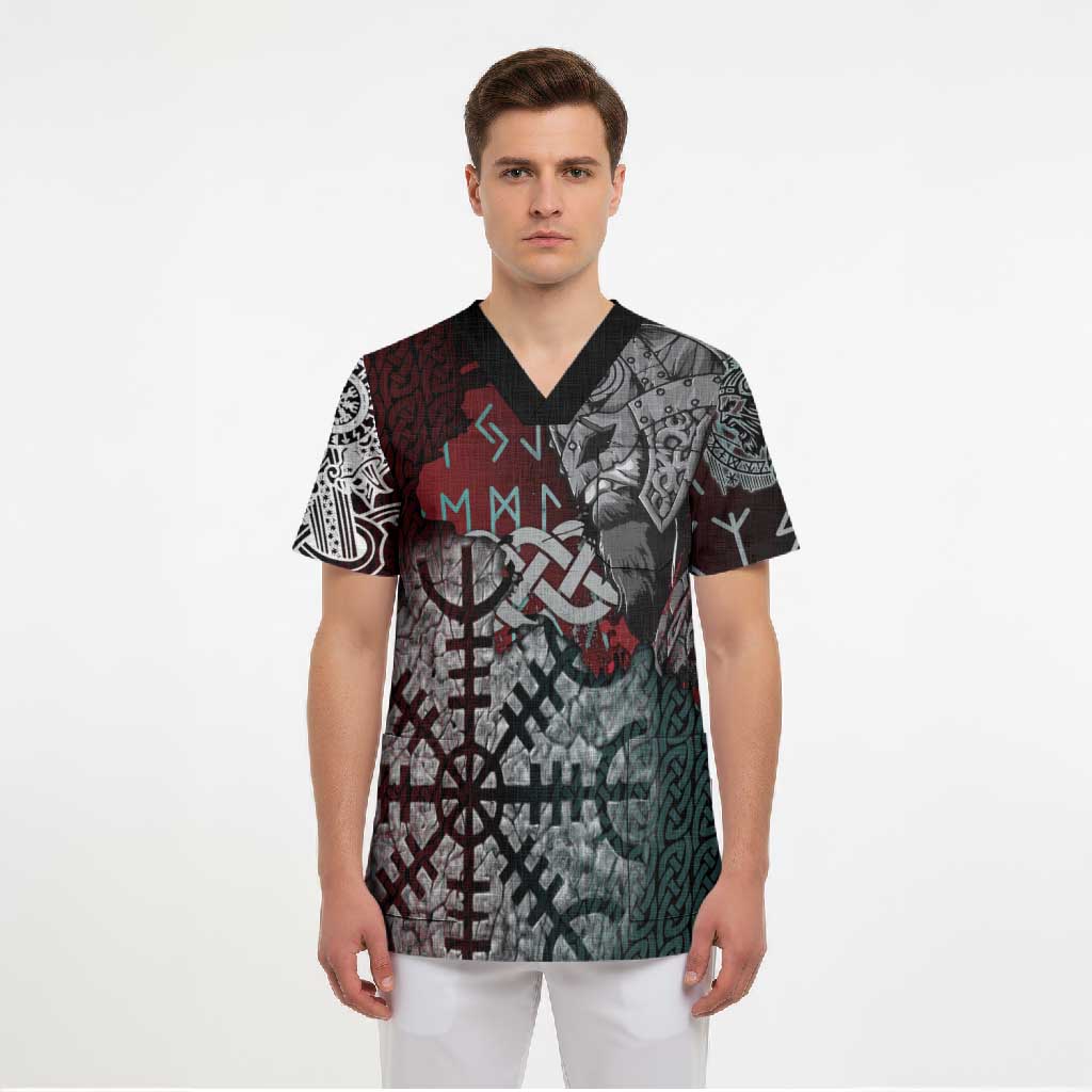 Viking Warrior Scrub Top with Runes and Blood Battle Scene Norse Valor Tribute - Wonder Print Shop