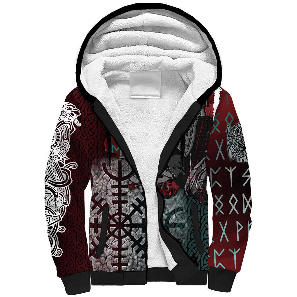 Viking Warrior Sherpa Hoodie with Runes and Blood Battle Scene Norse Valor Tribute - Wonder Print Shop