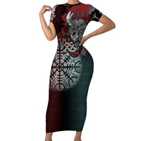Viking Warrior Short Sleeve Bodycon Dress with Runes and Blood Battle Scene Norse Valor Tribute - Wonder Print Shop