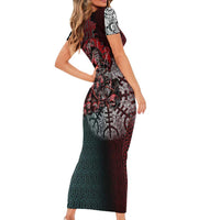 Viking Warrior Short Sleeve Bodycon Dress with Runes and Blood Battle Scene Norse Valor Tribute - Wonder Print Shop