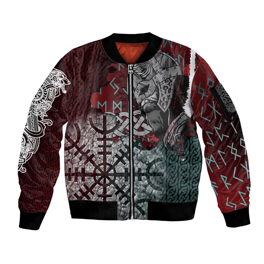 Viking Warrior Sleeve Zip Bomber Jacket with Runes and Blood Battle Scene Norse Valor Tribute - Wonder Print Shop