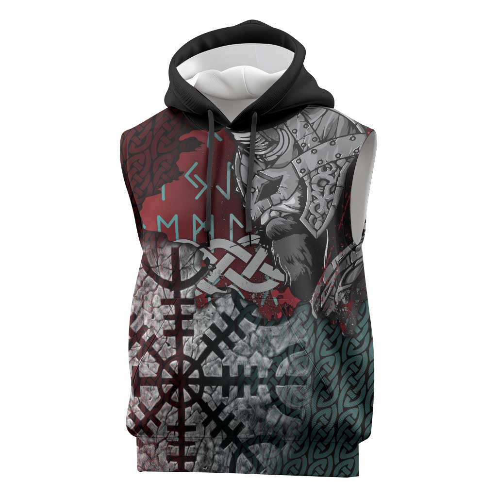 Viking Warrior Sleeveless Hoodie with Runes and Blood Battle Scene Norse Valor Tribute - Wonder Print Shop