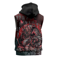 Viking Warrior Sleeveless Hoodie with Runes and Blood Battle Scene Norse Valor Tribute - Wonder Print Shop