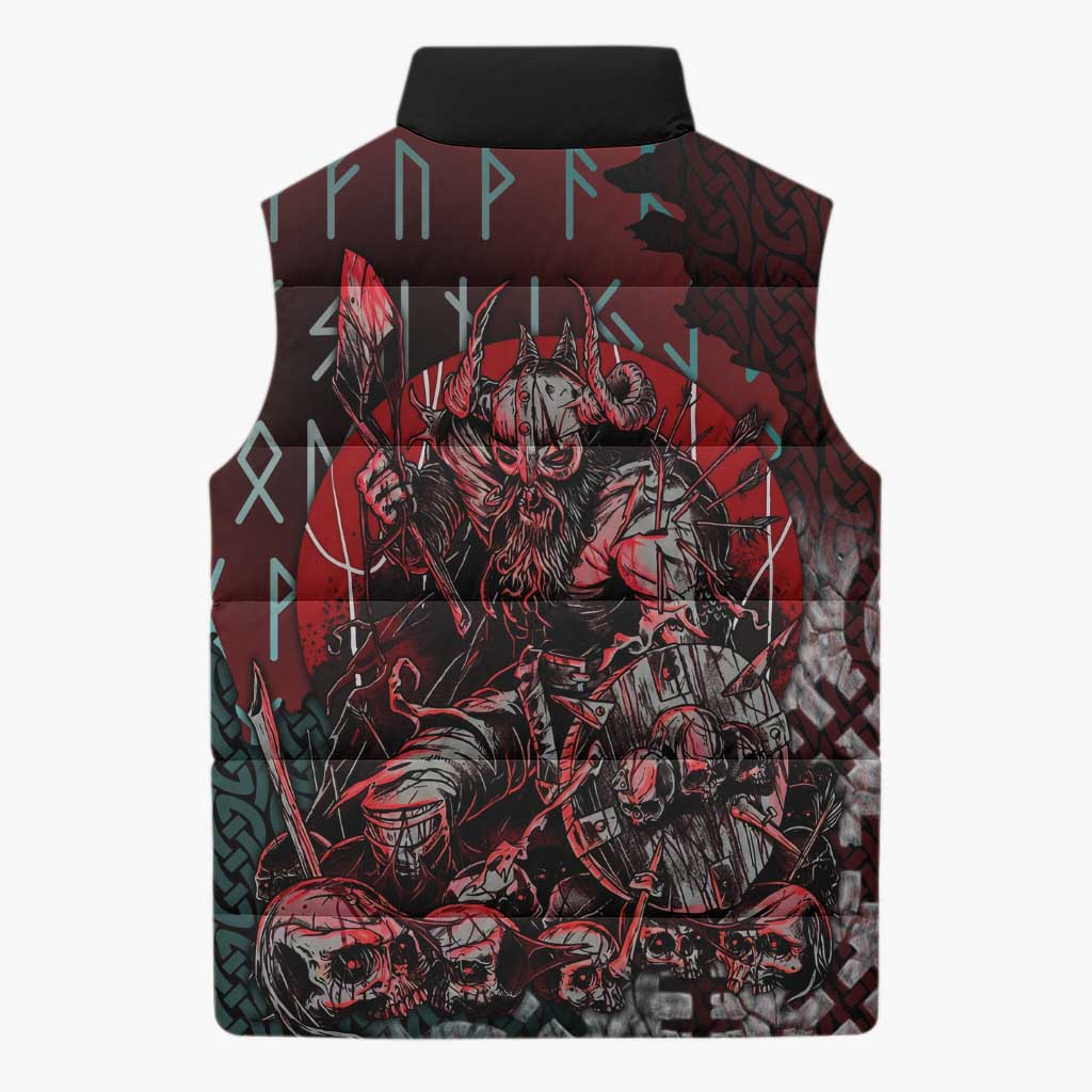 Viking Warrior Sleeveless Puffer Jacket with Runes and Blood Battle Scene Norse Valor Tribute - Wonder Print Shop
