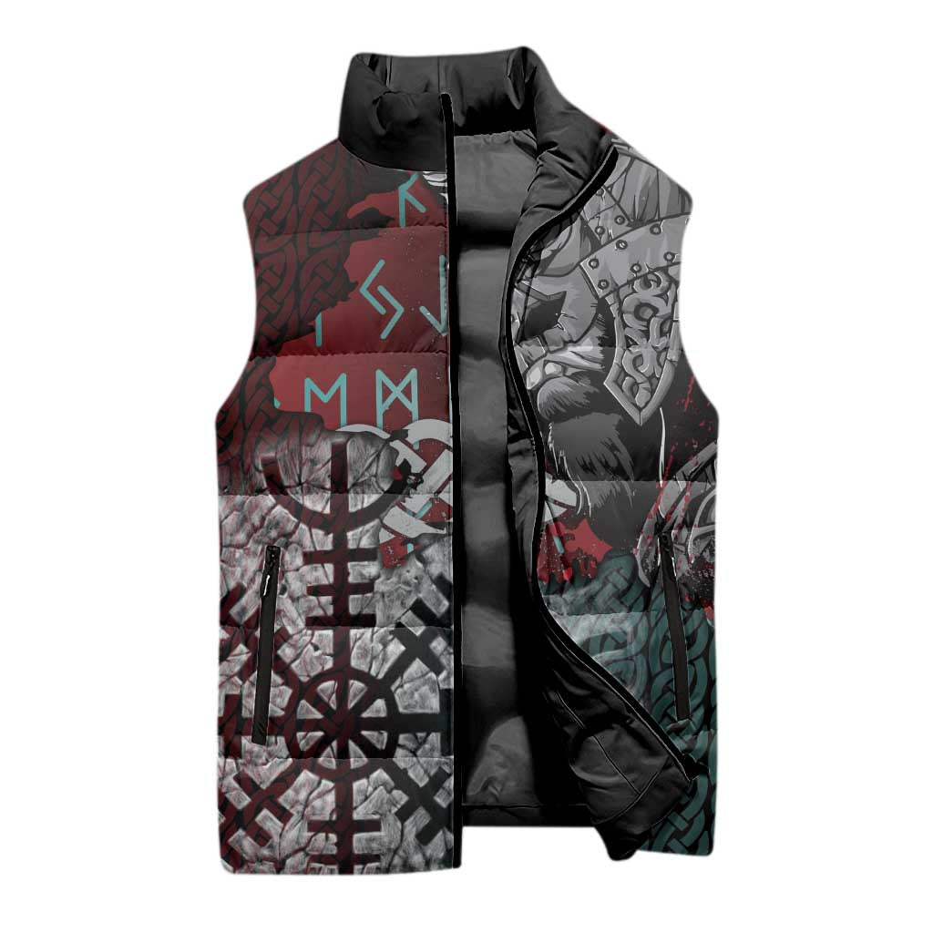 Viking Warrior Sleeveless Puffer Jacket with Runes and Blood Battle Scene Norse Valor Tribute - Wonder Print Shop