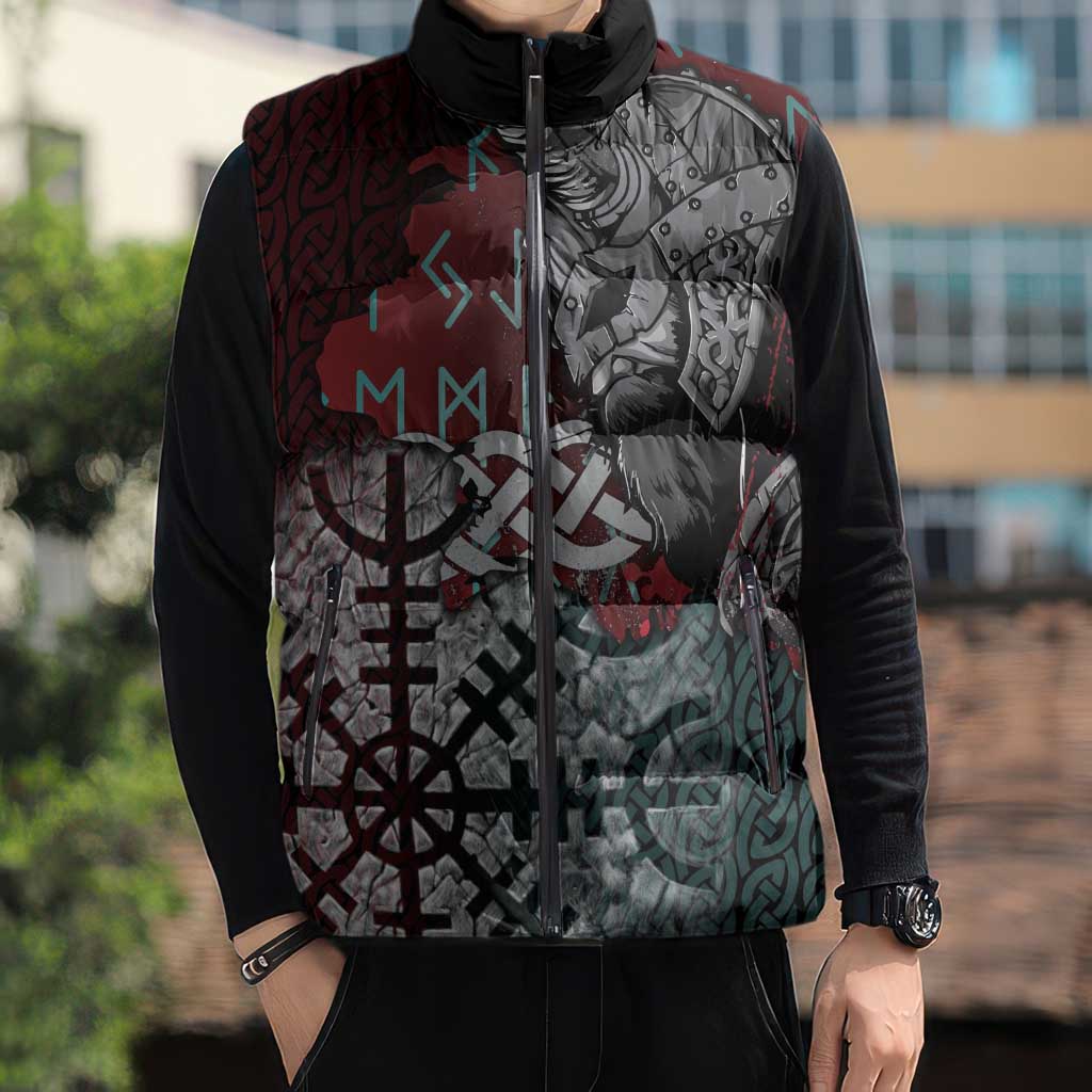 Viking Warrior Sleeveless Puffer Jacket with Runes and Blood Battle Scene Norse Valor Tribute - Wonder Print Shop