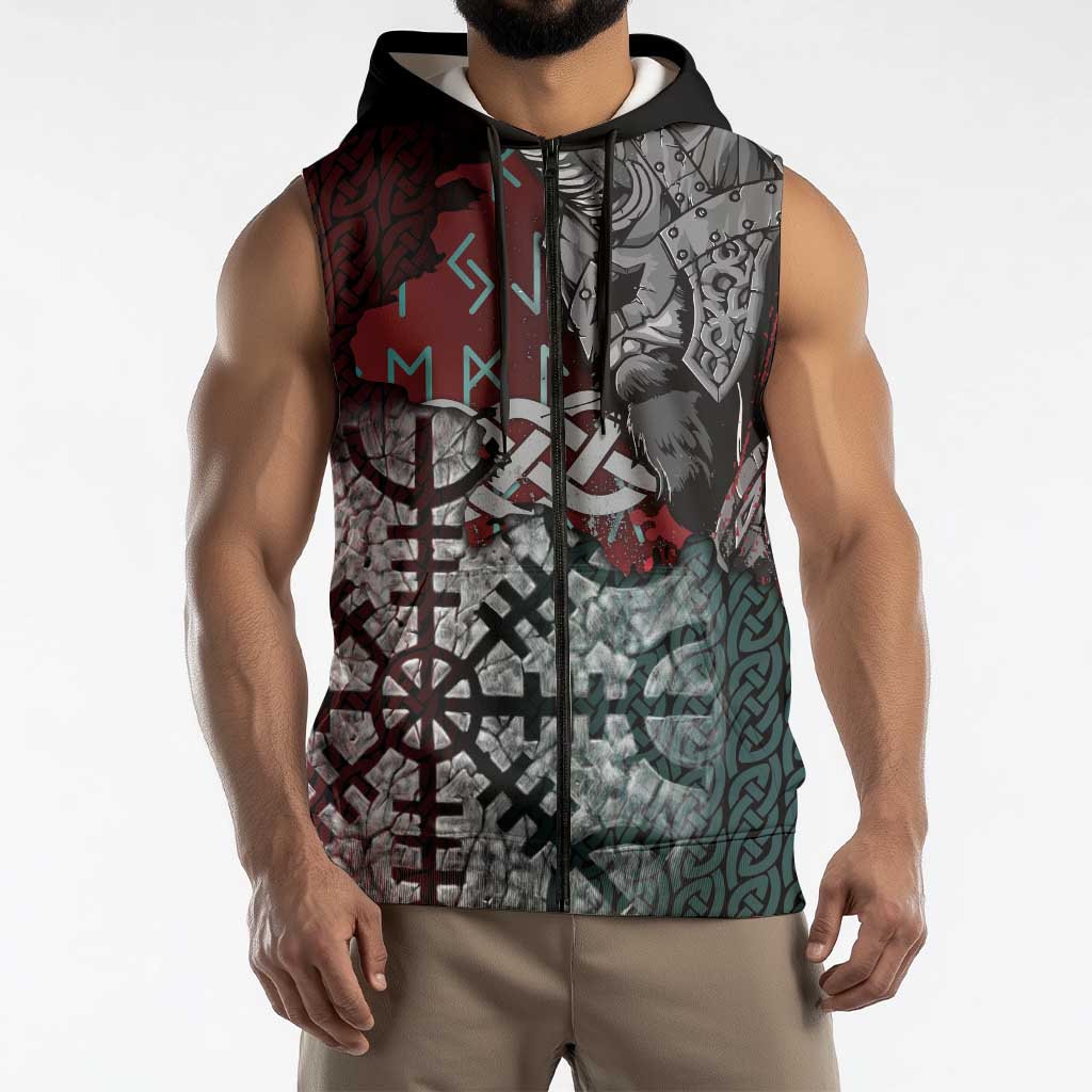 Viking Warrior Sleeveless Zip Hoodie with Runes and Blood Battle Scene Norse Valor Tribute - Wonder Print Shop