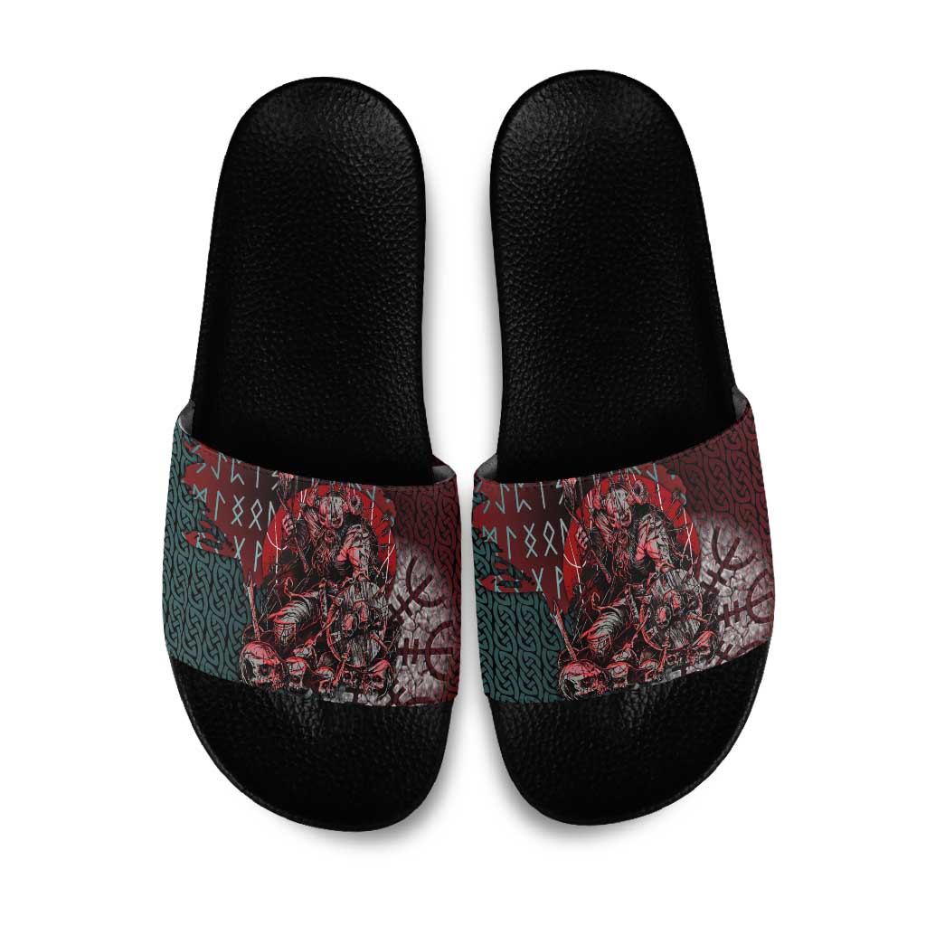 Viking Warrior Slide Sandals with Runes and Blood Battle Scene Norse Valor Tribute - Wonder Print Shop