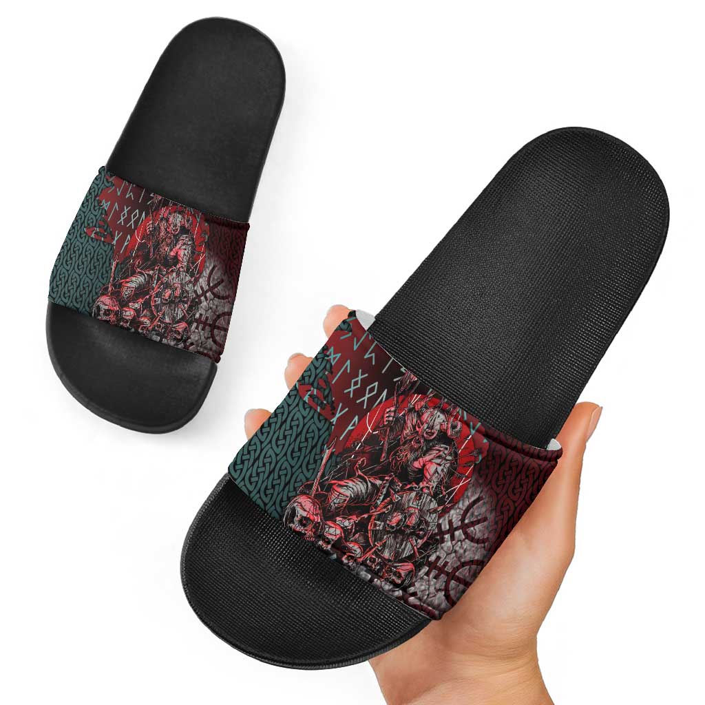Viking Warrior Slide Sandals with Runes and Blood Battle Scene Norse Valor Tribute - Wonder Print Shop