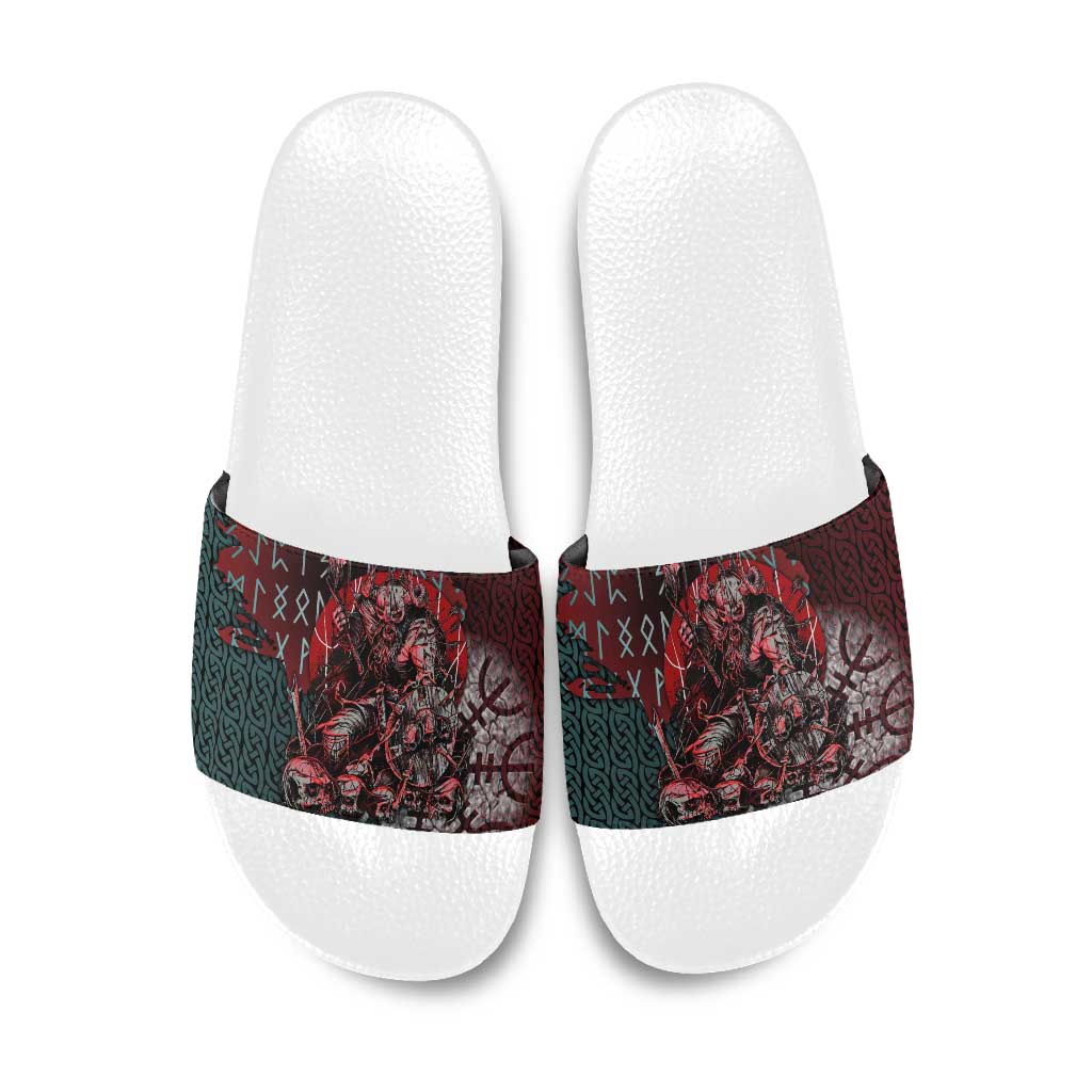 Viking Warrior Slide Sandals with Runes and Blood Battle Scene Norse Valor Tribute - Wonder Print Shop