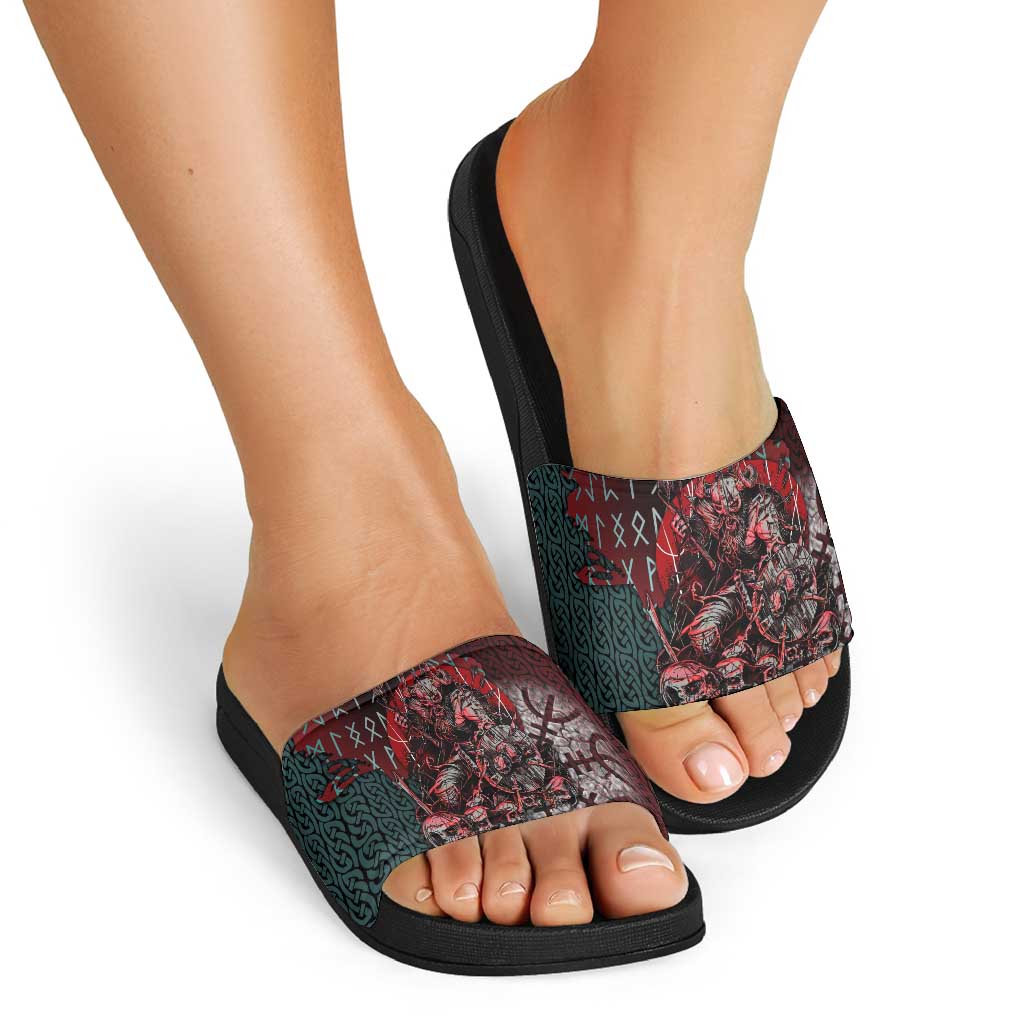 Viking Warrior Slide Sandals with Runes and Blood Battle Scene Norse Valor Tribute - Wonder Print Shop