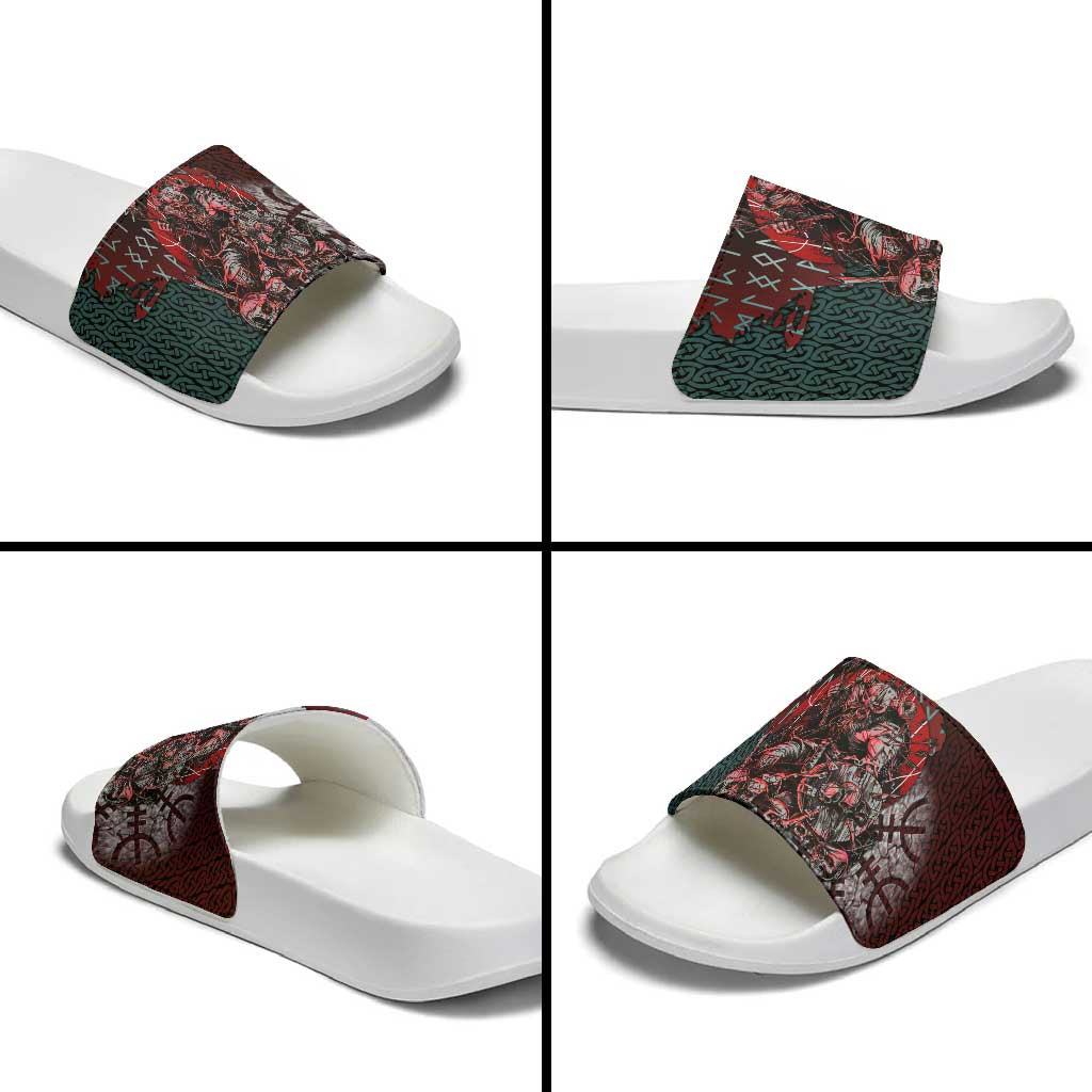 Viking Warrior Slide Sandals with Runes and Blood Battle Scene Norse Valor Tribute - Wonder Print Shop