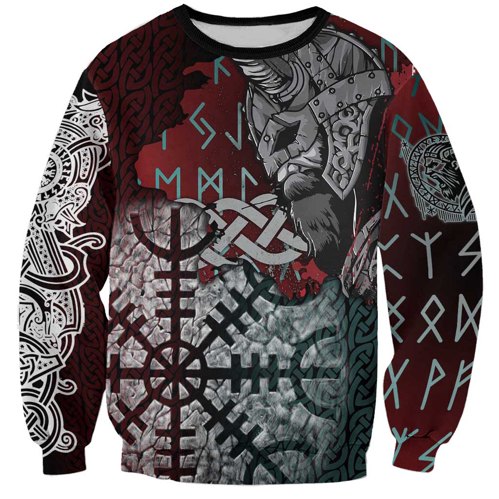 Viking Warrior Sweatshirt with Runes and Blood Battle Scene Norse Valor Tribute - Wonder Print Shop