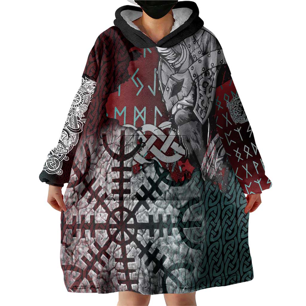 Viking Warrior Wearable Blanket Hoodie with Runes and Blood Battle Scene Norse Valor Tribute - Wonder Print Shop