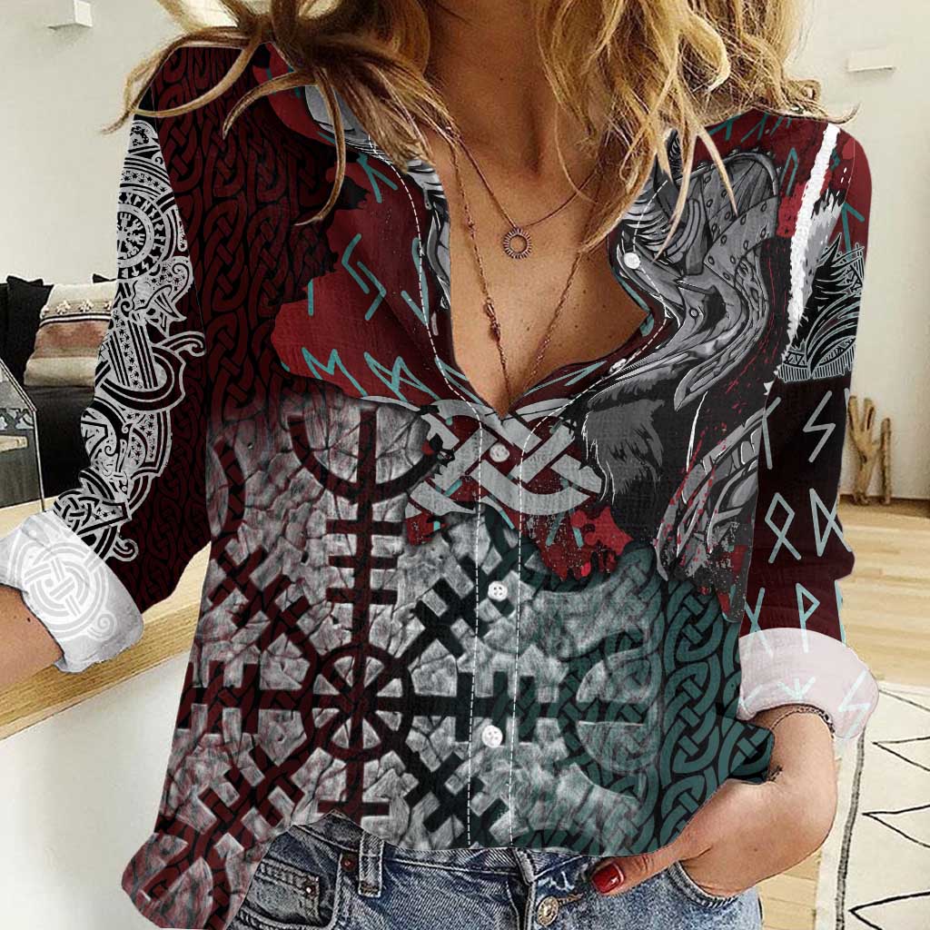 Viking Warrior Women Casual Shirt with Runes and Blood Battle Scene Norse Valor Tribute - Wonder Print Shop