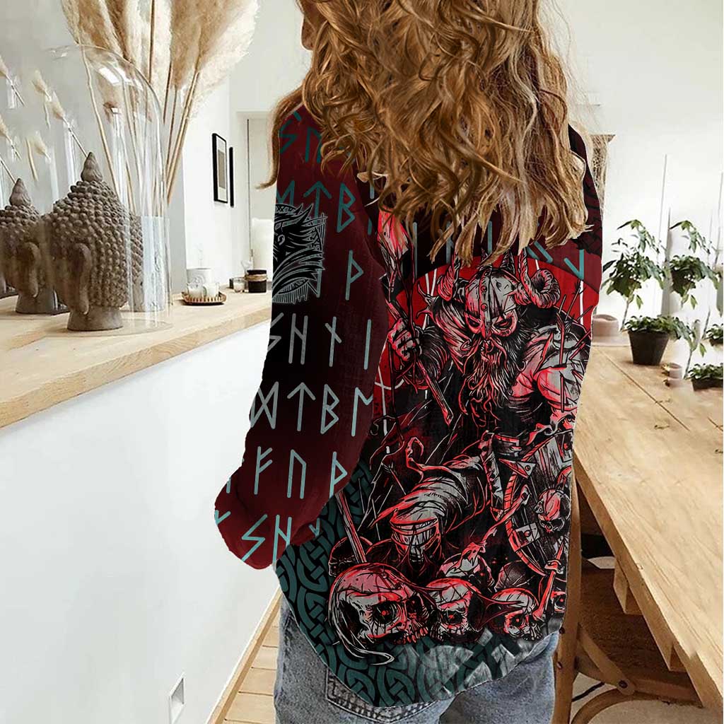 Viking Warrior Women Casual Shirt with Runes and Blood Battle Scene Norse Valor Tribute - Wonder Print Shop
