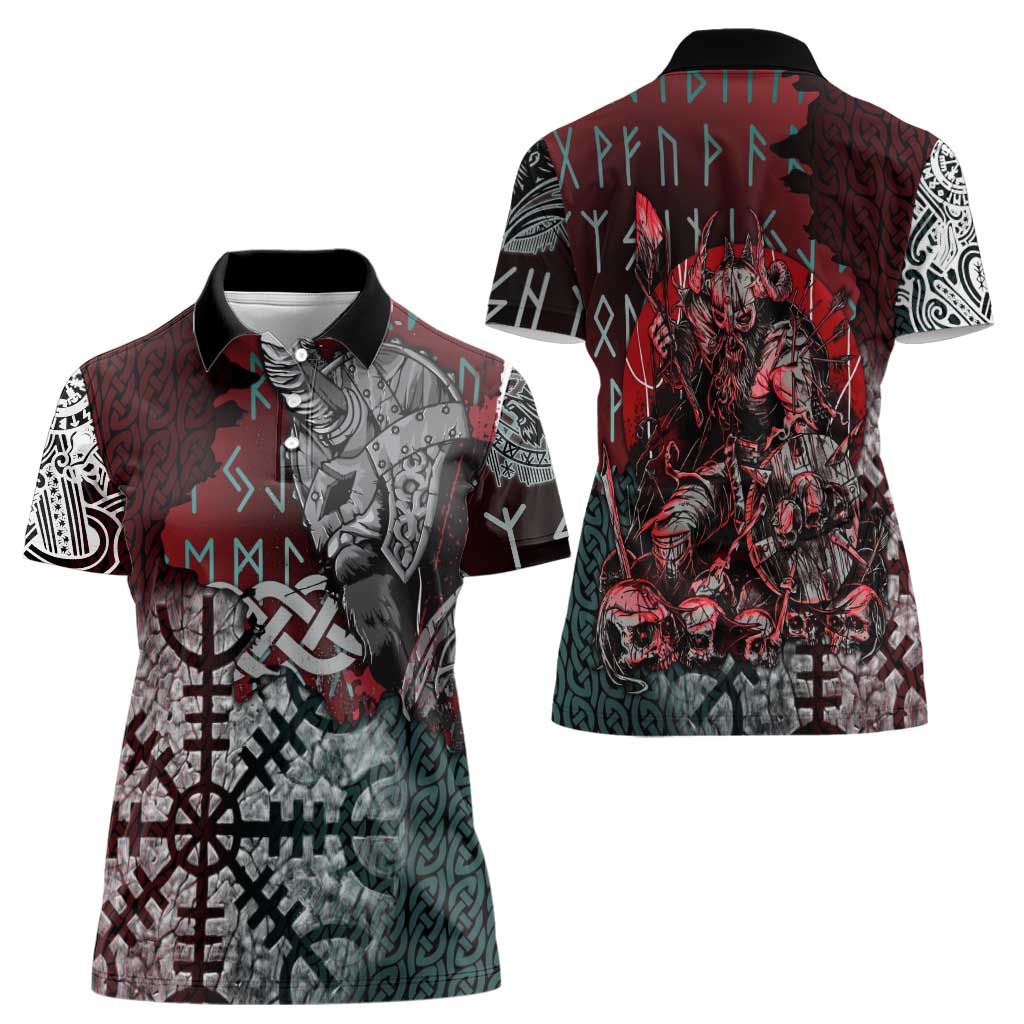 Viking Warrior Women Polo Shirt with Runes and Blood Battle Scene Norse Valor Tribute - Wonder Print Shop