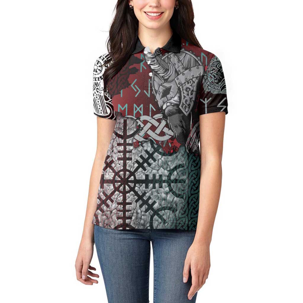 Viking Warrior Women Polo Shirt with Runes and Blood Battle Scene Norse Valor Tribute - Wonder Print Shop