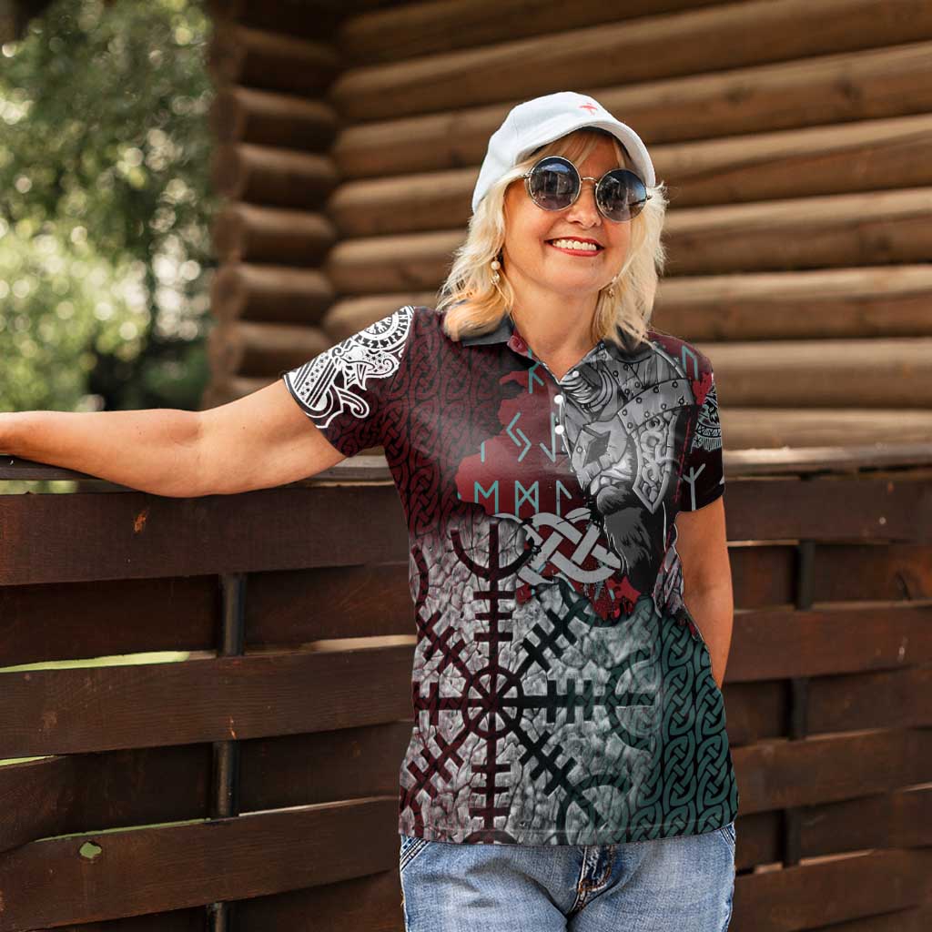 Viking Warrior Women Polo Shirt with Runes and Blood Battle Scene Norse Valor Tribute - Wonder Print Shop