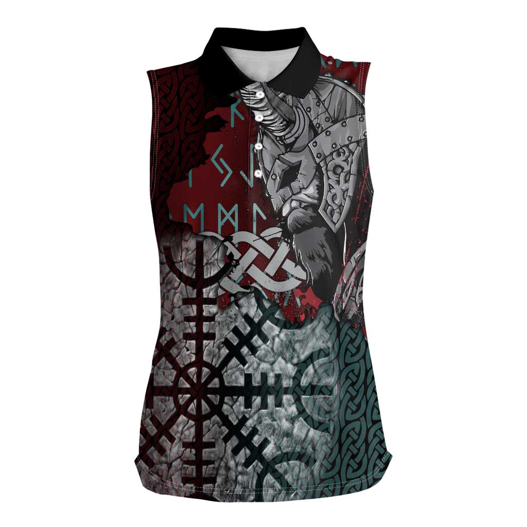 Viking Warrior Women Sleeveless Polo Shirt with Runes and Blood Battle Scene Norse Valor Tribute - Wonder Print Shop