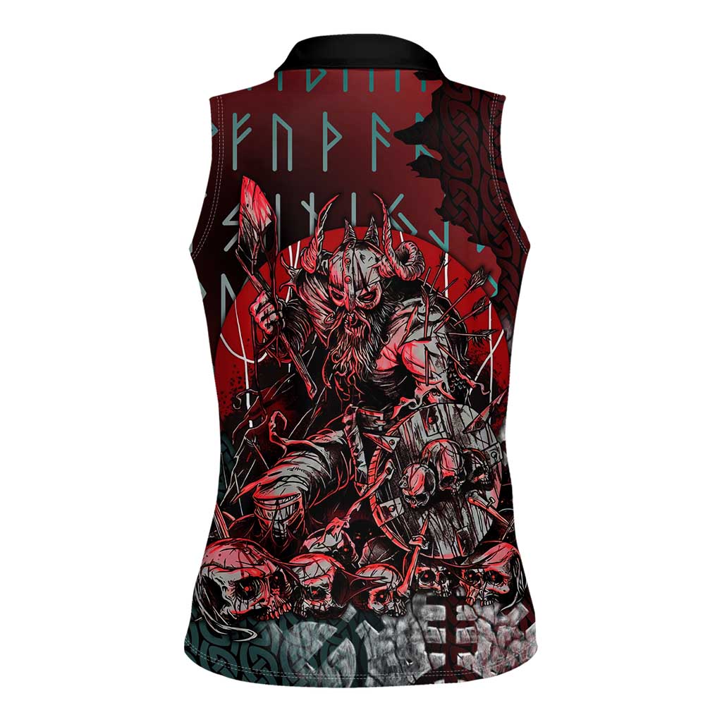 Viking Warrior Women Sleeveless Polo Shirt with Runes and Blood Battle Scene Norse Valor Tribute - Wonder Print Shop