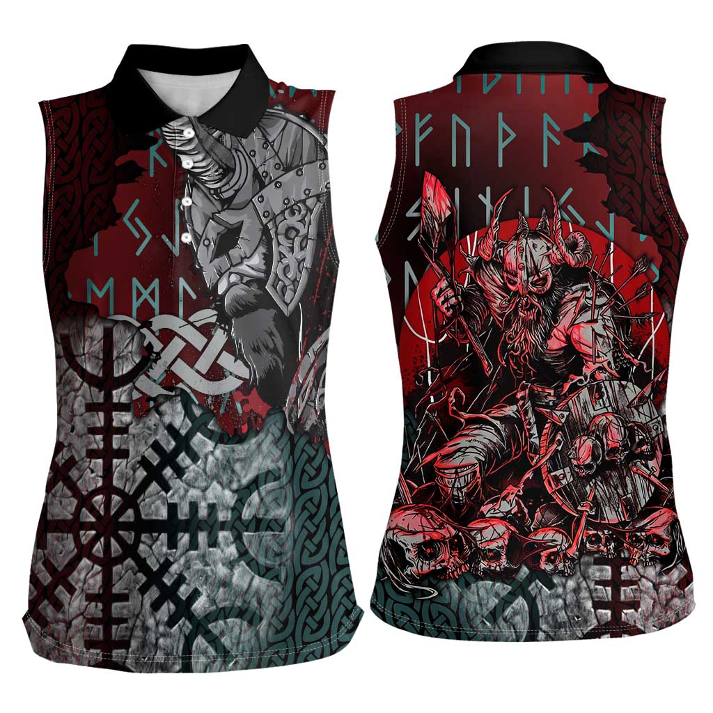 Viking Warrior Women Sleeveless Polo Shirt with Runes and Blood Battle Scene Norse Valor Tribute - Wonder Print Shop