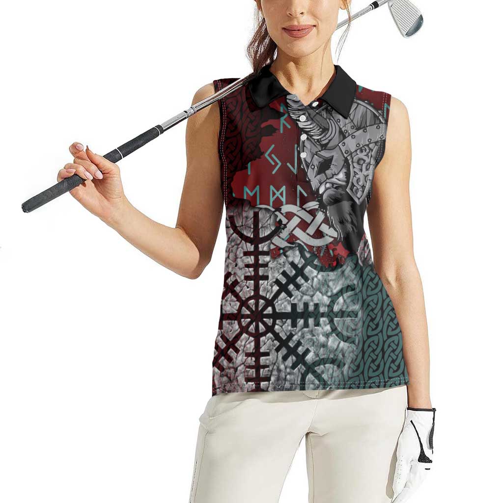 Viking Warrior Women Sleeveless Polo Shirt with Runes and Blood Battle Scene Norse Valor Tribute - Wonder Print Shop
