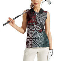 Viking Warrior Women Sleeveless Polo Shirt with Runes and Blood Battle Scene Norse Valor Tribute - Wonder Print Shop