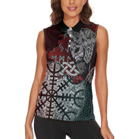 Viking Warrior Women Sleeveless Polo Shirt with Runes and Blood Battle Scene Norse Valor Tribute - Wonder Print Shop