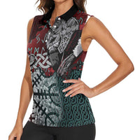 Viking Warrior Women Sleeveless Polo Shirt with Runes and Blood Battle Scene Norse Valor Tribute - Wonder Print Shop