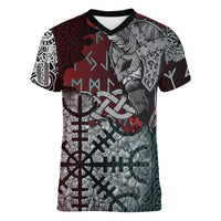 Viking Warrior Women V-Neck T-Shirt with Runes and Blood Battle Scene Norse Valor Tribute - Wonder Print Shop