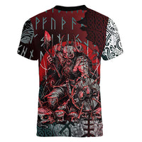 Viking Warrior Women V-Neck T-Shirt with Runes and Blood Battle Scene Norse Valor Tribute - Wonder Print Shop