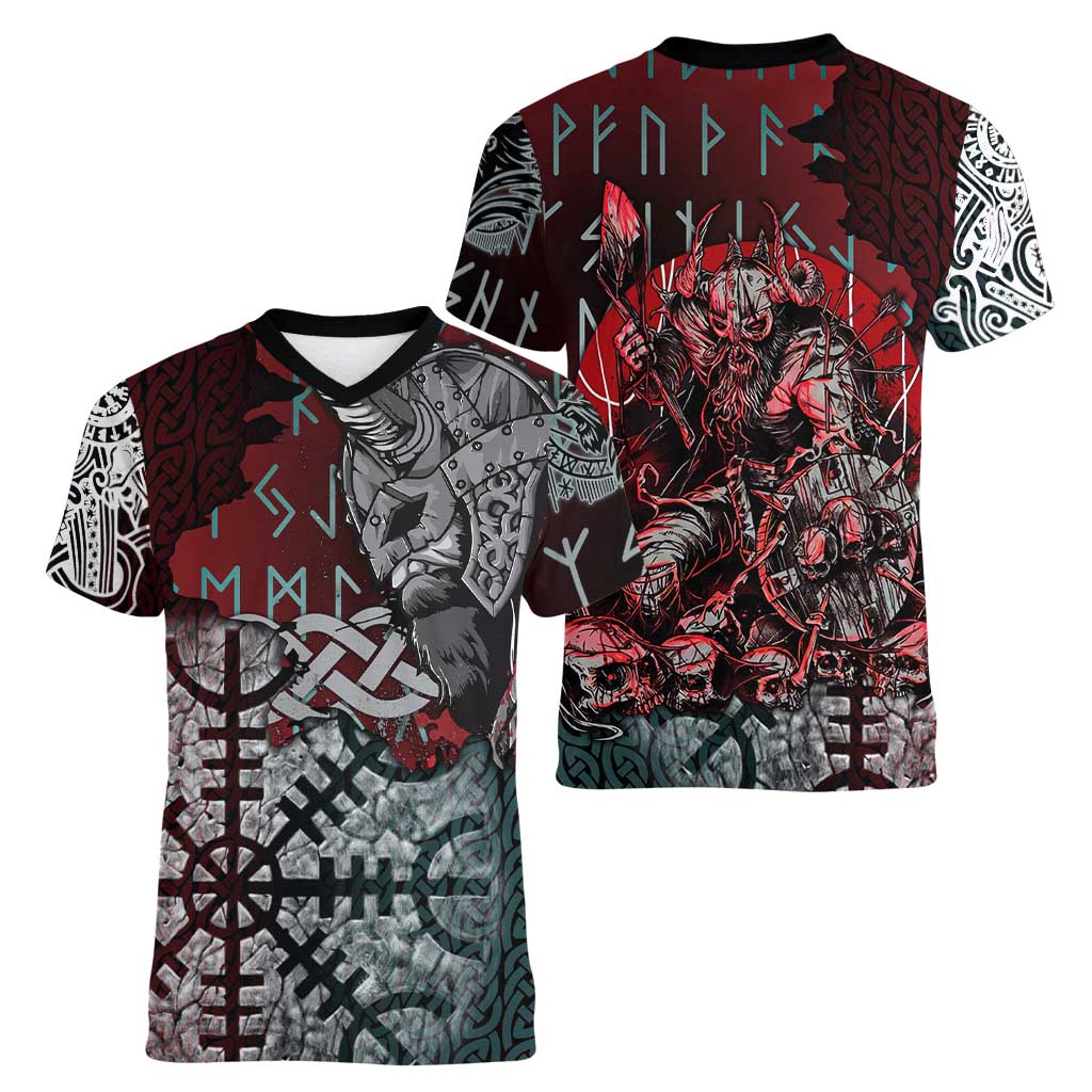 Viking Warrior Women V-Neck T-Shirt with Runes and Blood Battle Scene Norse Valor Tribute - Wonder Print Shop