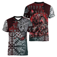 Viking Warrior Women V-Neck T-Shirt with Runes and Blood Battle Scene Norse Valor Tribute - Wonder Print Shop