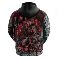 Viking Warrior Zip Hoodie with Runes and Blood Battle Scene Norse Valor Tribute - Wonder Print Shop