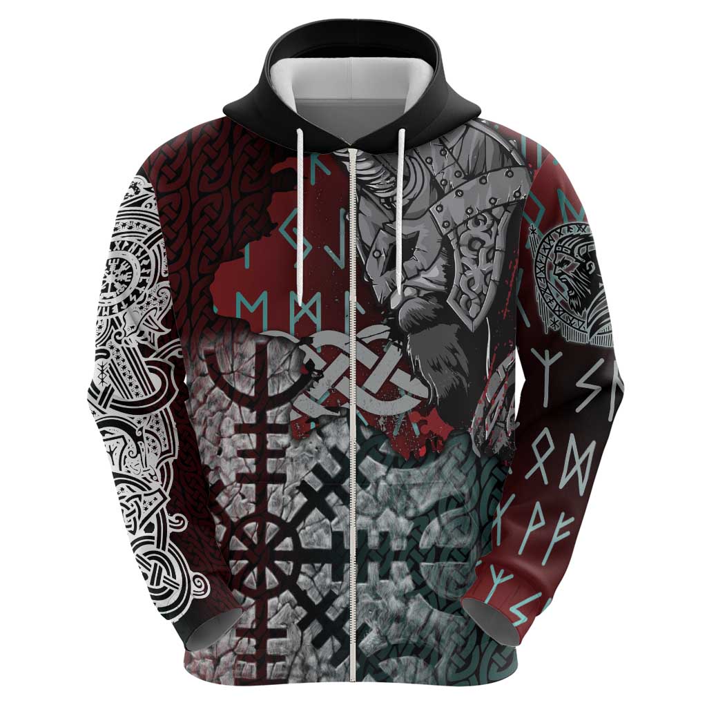 Viking Warrior Zip Hoodie with Runes and Blood Battle Scene Norse Valor Tribute - Wonder Print Shop