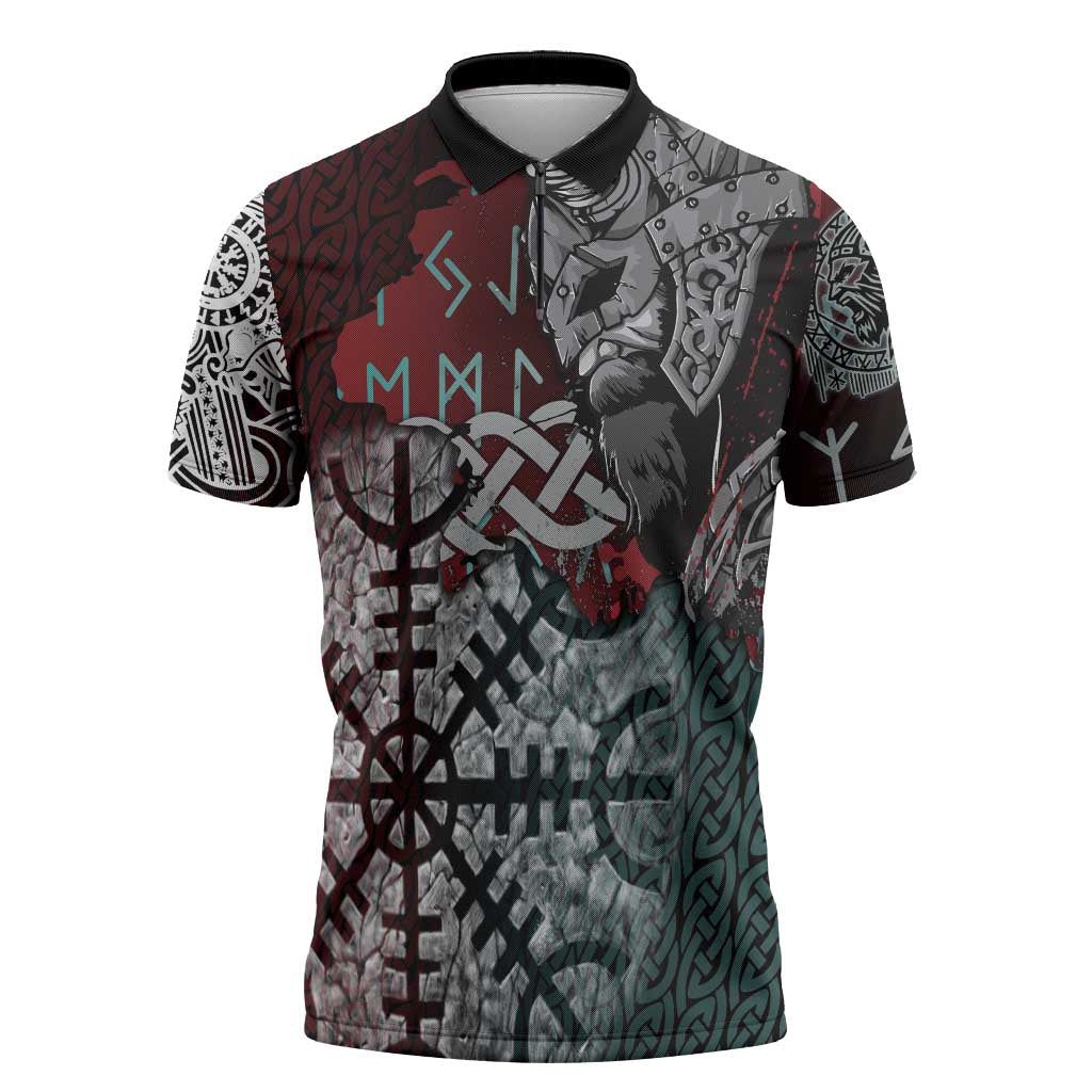 Viking Warrior Zipper Polo Shirt with Runes and Blood Battle Scene Norse Valor Tribute - Wonder Print Shop
