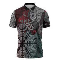 Viking Warrior Zipper Polo Shirt with Runes and Blood Battle Scene Norse Valor Tribute - Wonder Print Shop