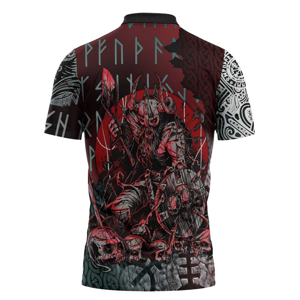Viking Warrior Zipper Polo Shirt with Runes and Blood Battle Scene Norse Valor Tribute - Wonder Print Shop