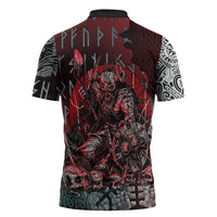 Viking Warrior Zipper Polo Shirt with Runes and Blood Battle Scene Norse Valor Tribute - Wonder Print Shop