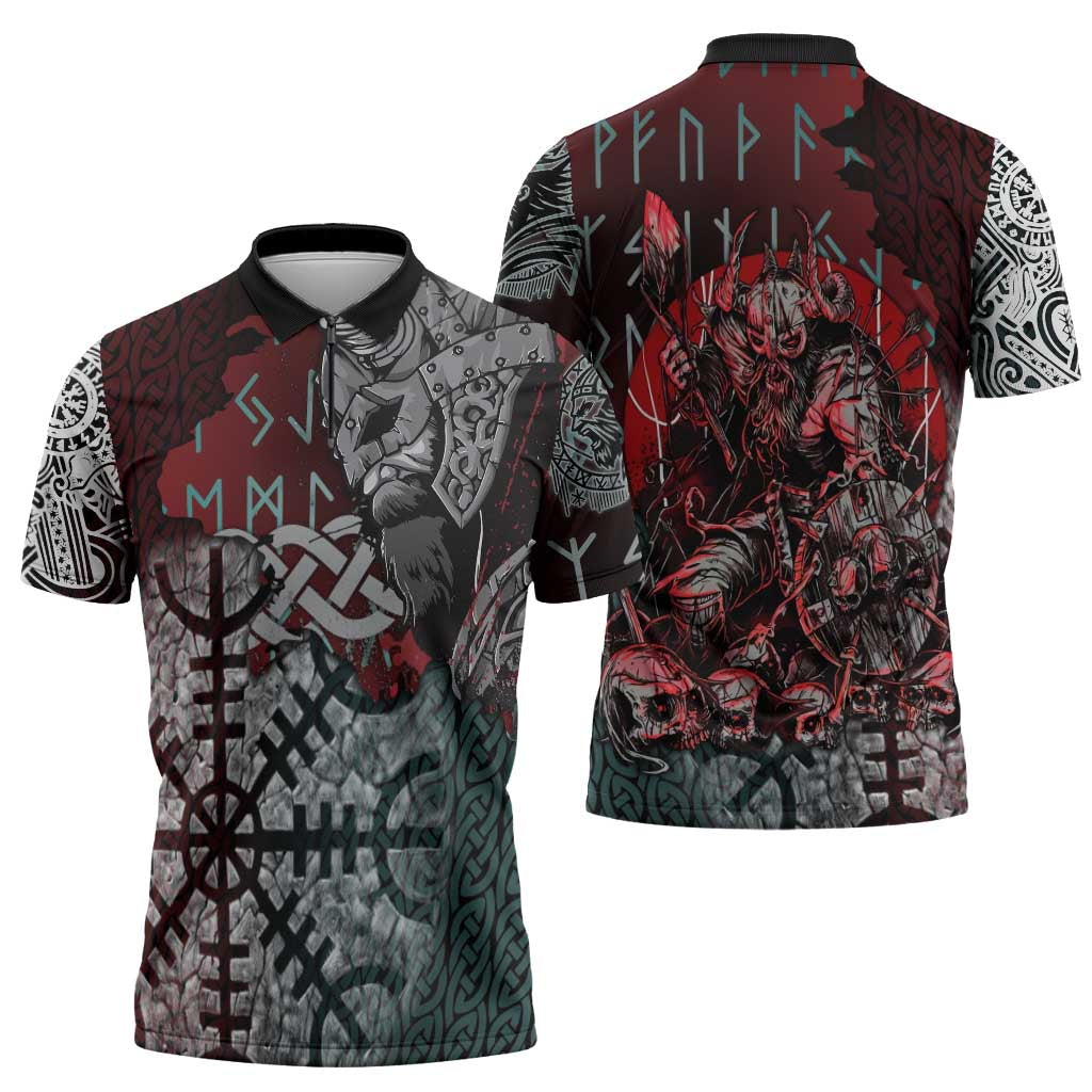 Viking Warrior Zipper Polo Shirt with Runes and Blood Battle Scene Norse Valor Tribute - Wonder Print Shop